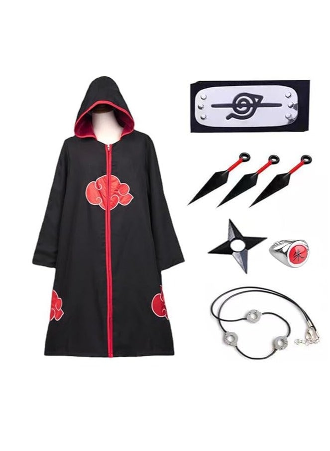 Hooded Akatsuki Cloak Itachi Uchiha Anime Cosplay Costume for Men Women, Long Akatsuki Dress Cape with Naru*o Headband and Accessories for Party Halloween - Image 1