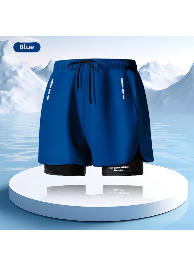 Generic - Sports Shorts Quick-Drying Badminton Basketball Pants Autumn And Winter Loose Men's Large Size 5-Point Pants Fake Two-Piece Custom Printed Logo-Color:Blue- - Image 1