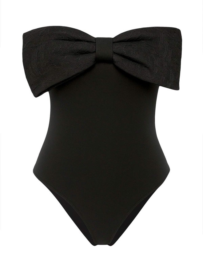 trendyol Black Strapless Bow Snap Knitted Stylish Bodysuit  - Image 1