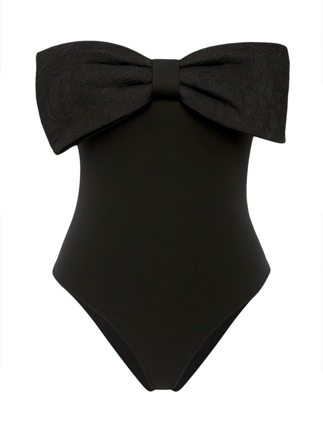 trendyol Black Strapless Bow Snap Knitted Stylish Bodysuit - Image 1