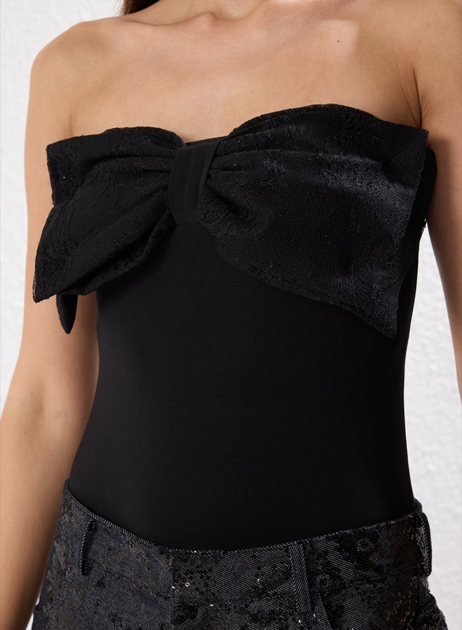 trendyol Black Strapless Bow Snap Knitted Stylish Bodysuit - Image 4