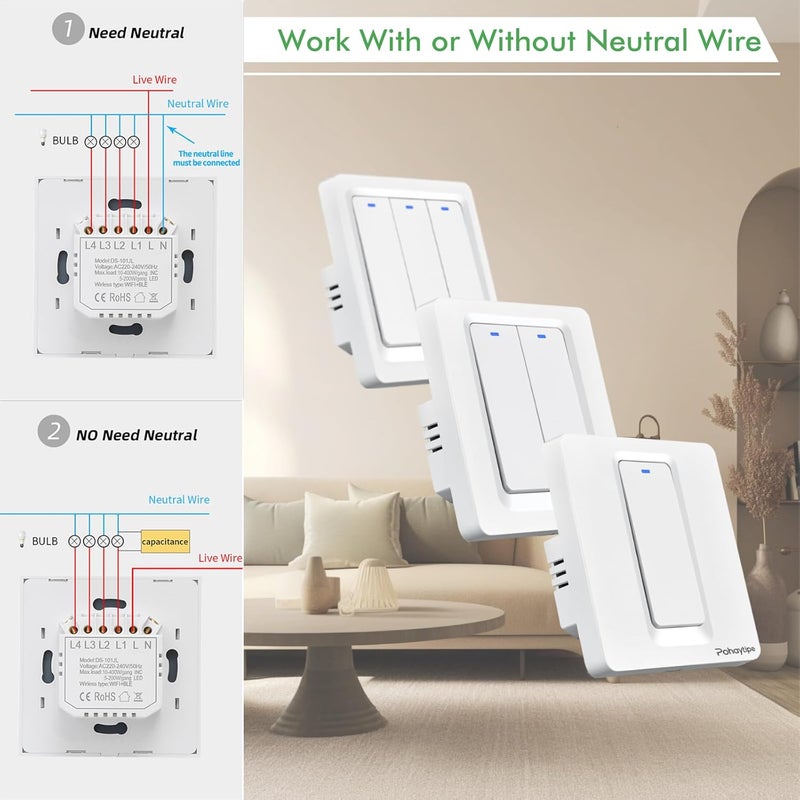 Pohaytipe Smart Push Button Switch, White Smart Panel: Wi-Fi, App & Voice Control (works with Alexa/Google Home), Timer, Countdown, Scene Control (White 3 Gang) - Image 5