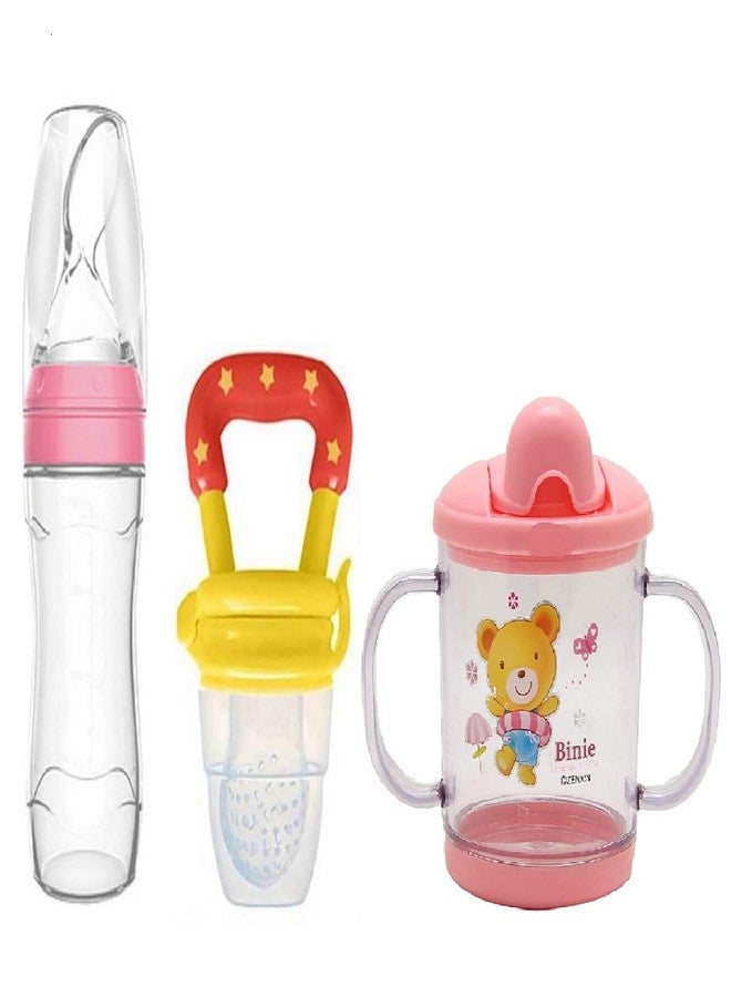 Lappu Baby Rice Paste Food Feeder with Baby Fruit Nibbler & Spout Sipper (Combo) (Pink-Yellow-Pink) - Image 1