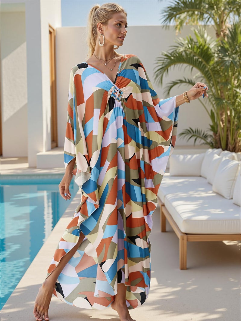 KECVOT Kaftan Maxi Dress for Women V-Neck Plus Size Boho Beach Cover Up for Resort and Loungewear - Image 3