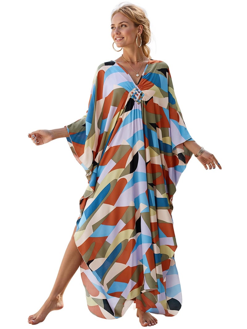KECVOT Kaftan Maxi Dress for Women V-Neck Plus Size Boho Beach Cover Up for Resort and Loungewear - Image 1