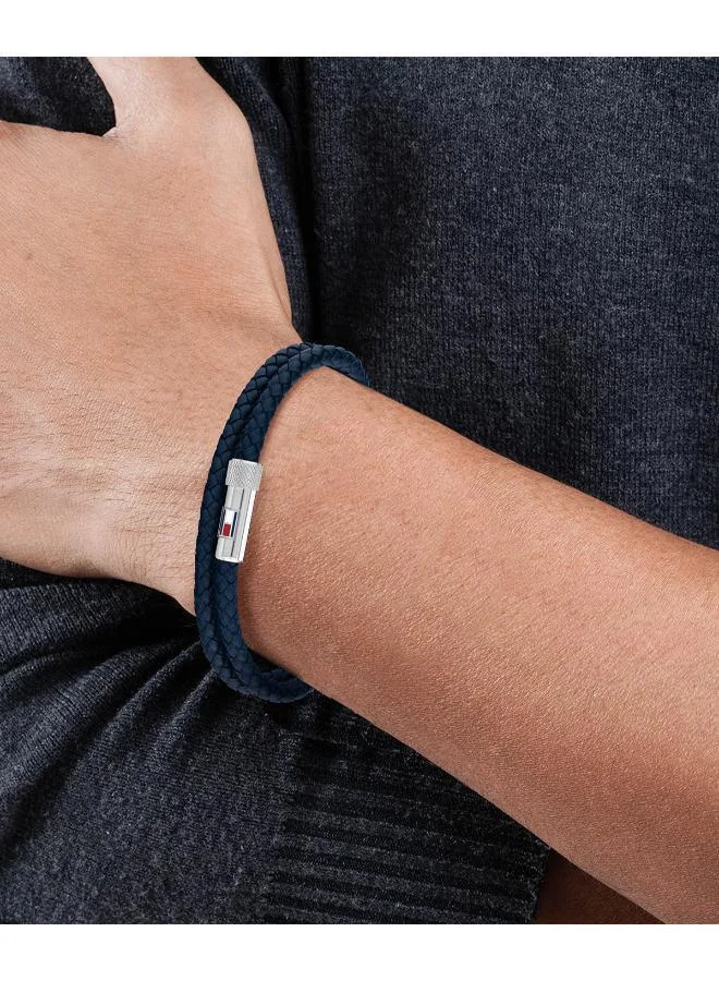 TOMMY HILFIGER Tommy Hilfiger Jewelry Men's Bracelet with Double-Wrap Braided Blue Leather - 2790264S