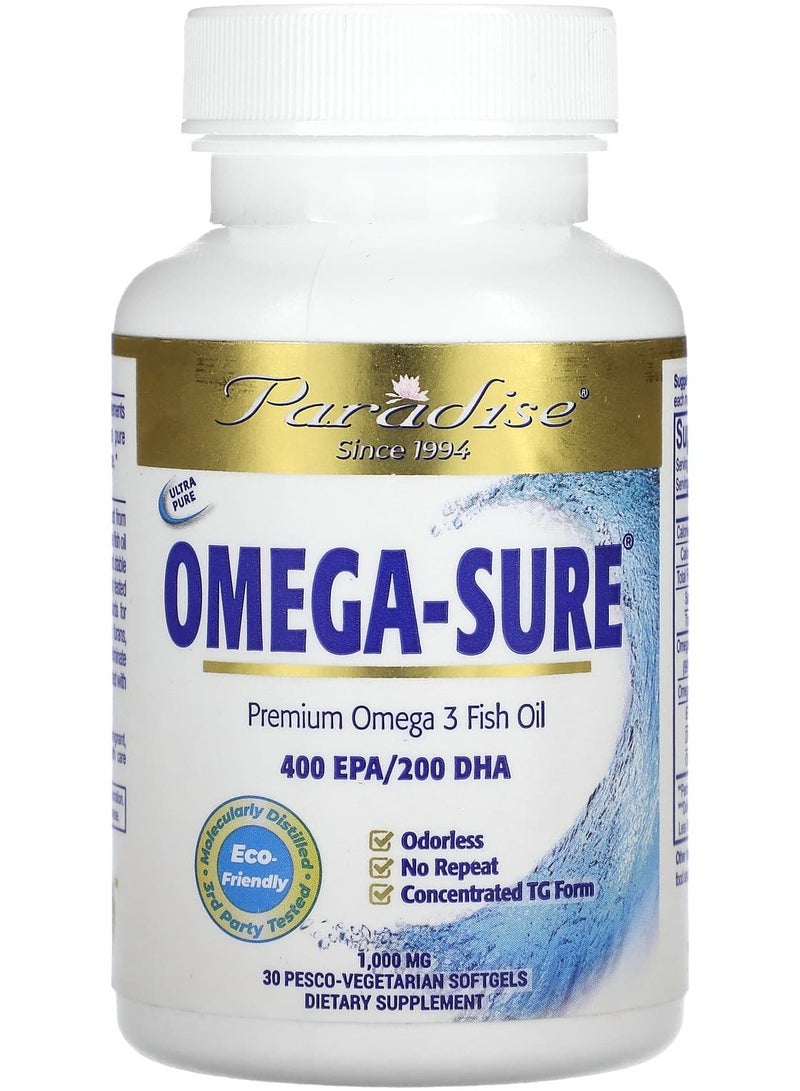 Paradise Herbs Omega Sure, Premium Omega-3 Fish Oil, 1,000 mg, 30 Pesco Vegetarian Softgels