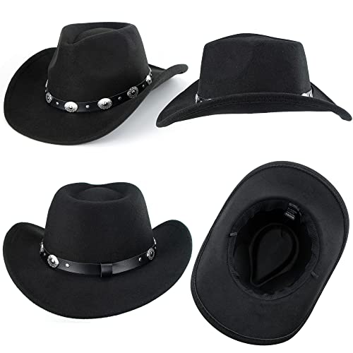 Eohak Womens Western Cowboy Hats Studded Pinched Western Cowgirl Hats Wide Brim Fedoras Hat with Belt Buckle (Size:Medium) Black - Image 5