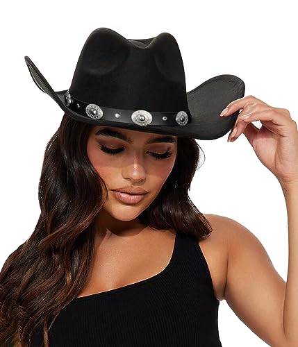 Eohak Womens Western Cowboy Hats Studded Pinched Western Cowgirl Hats Wide Brim Fedoras Hat with Belt Buckle (Size:Medium) Black - Image 1