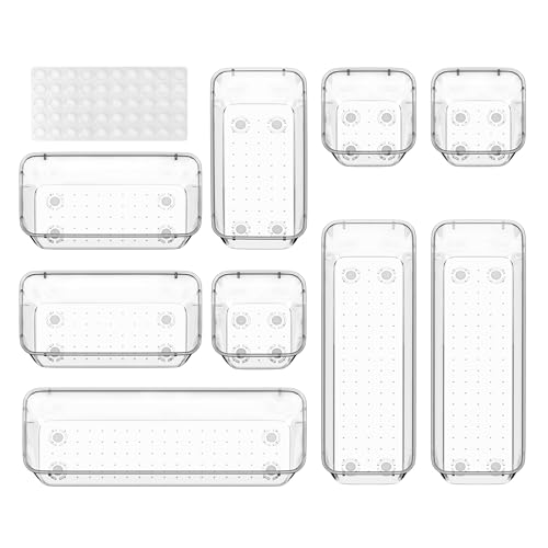 ValueMax 9 PCS Clear Plastic Drawer Organizers Set with NonSlip Pads 3 Sizes Desk Drawer Organizer for Vanity Kitchen Bathroom and Office - Image 1