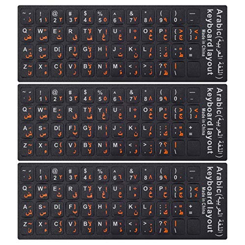 CASEDAO 3PCS Arabic Keyboard Stickers for Laptop, MacBook Air/Pro, Desktop PC Computer, Replacement Keyboard Stickers, Orange Arabic Lettering with Non Transparent Black Background - Image 1