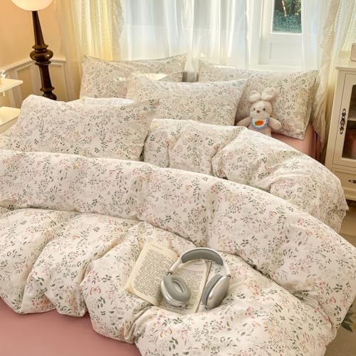 CCoutueChen Floral Duvet Cover Queen Beige 100% Cotton Duvet Cover Set for Girls Kids Garden Botanical Green Leaf Bedding Set Soft Breathable Flower Butterfly Bedding with 2 Pillowcases(No Comforter - Image 4