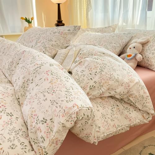 CCoutueChen Floral Duvet Cover Queen Beige 100% Cotton Duvet Cover Set for Girls Kids Garden Botanical Green Leaf Bedding Set Soft Breathable Flower Butterfly Bedding with 2 Pillowcases(No Comforter - Image 2
