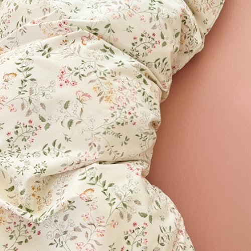 CCoutueChen Floral Duvet Cover Queen Beige 100% Cotton Duvet Cover Set for Girls Kids Garden Botanical Green Leaf Bedding Set Soft Breathable Flower Butterfly Bedding with 2 Pillowcases(No Comforter - Image 5