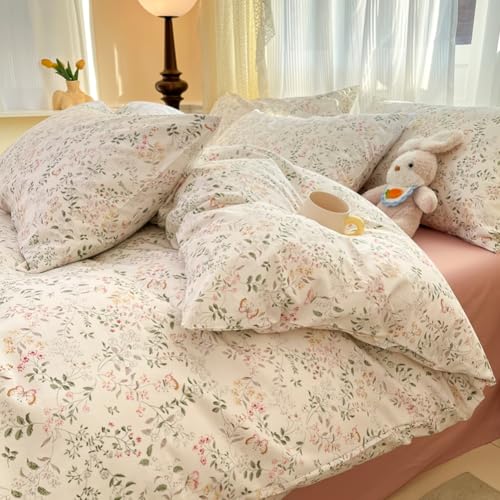 CCoutueChen Floral Duvet Cover Queen Beige 100% Cotton Duvet Cover Set for Girls Kids Garden Botanical Green Leaf Bedding Set Soft Breathable Flower Butterfly Bedding with 2 Pillowcases(No Comforter - Image 3