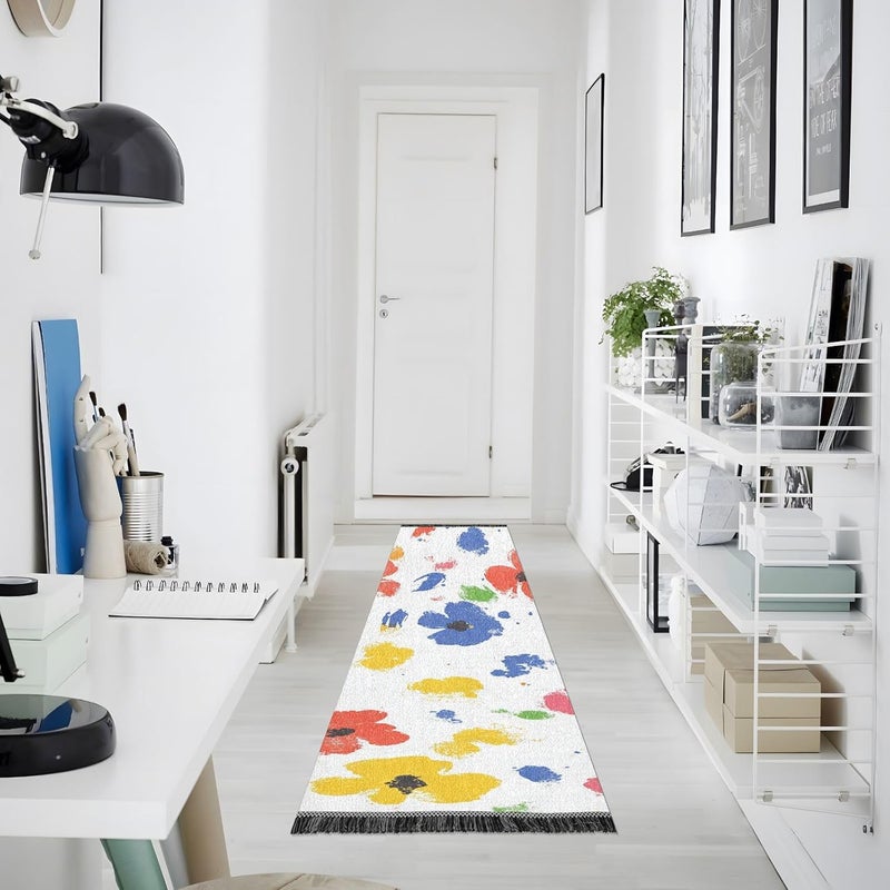 Bedroom Runner Washable Non Skid Laundry Rug Runner Tassel Carpet for Hallway Kitchen Bedroom Living Room Home Decor Watercolor Flowers - Image 2