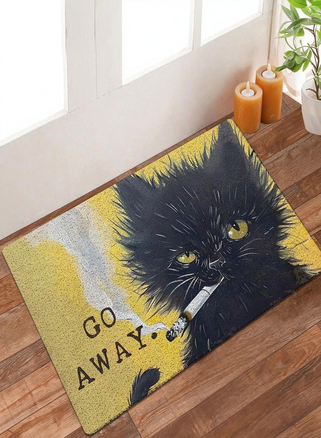 KBRCT Go Away Black Cat Door Mat Outdoor Indoor Entrance Entryway, Funny Smoking Black Kitten Kitty Doormat Inside Outside, Cat Welcome Mats for Front Door, 17x30 Inch - Image 1