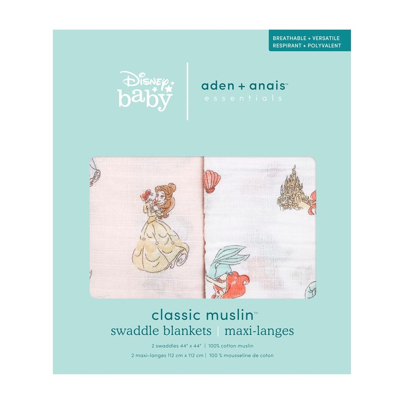 aden + anais Essentials Muslin Swaddle Blankets, Newborn Receiving Blanket for Swaddling, 100% Cotton Baby Swaddle Wrap, 2 Pack, Disney Princess - Image 3