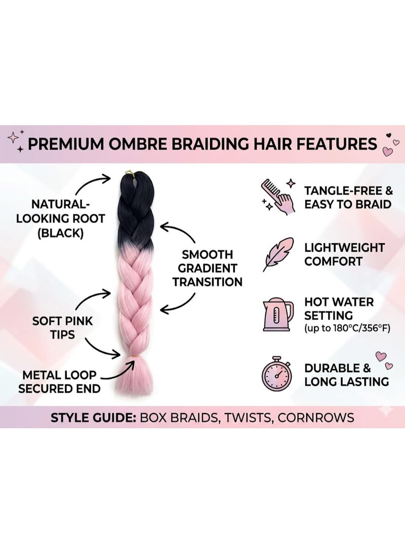Ombre Black to Baby Pink Kanekalon Braiding Hair Extensions for Box Braids & Afro Styles - 90cm Long - Professional Synthetic Hair - Image 4