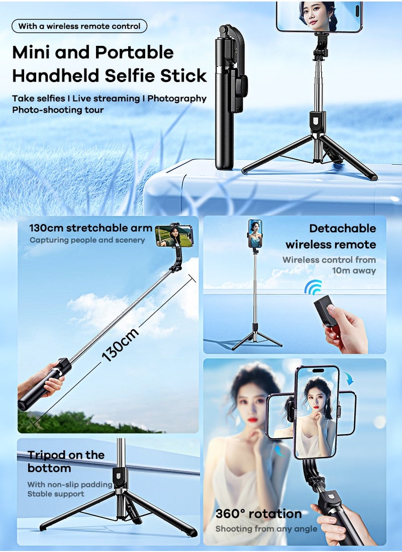 REMAX - Selfie Stick Tripod with Wireless Remote, 130cm Extendable Phone Stand, 360° Rotating Portable Selfie Stick for Live Streaming, Vlogging, Photography, Compatible with iPhone & Android - Image 1