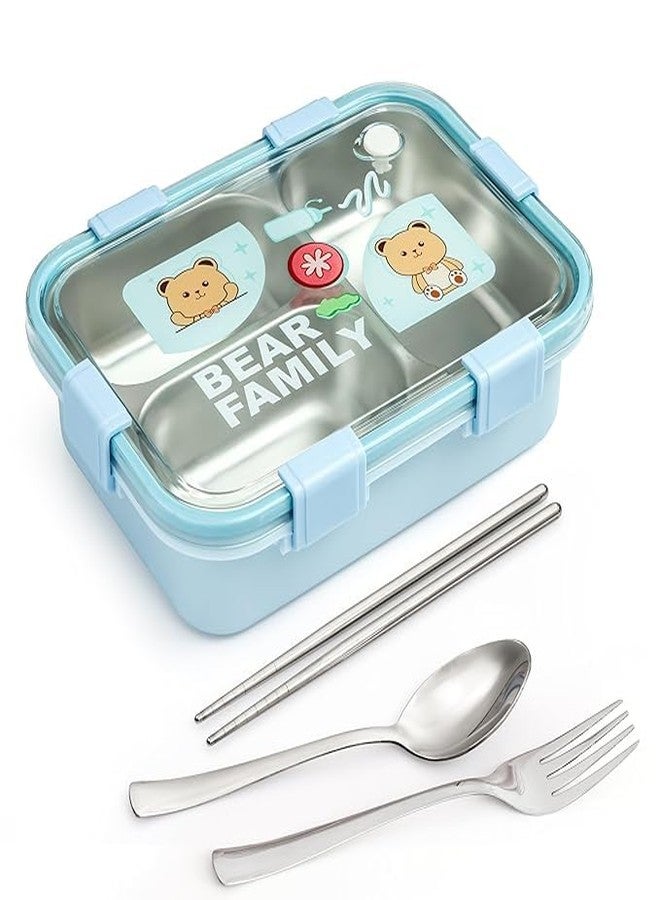 Velme Craft Lunch Box Stainless Steel Leak-Proof | BPA-Free Bento Tiffin Box for School & Office | 3-Compartment Food Storage with Fork & Spoon (Random Colour) - Image 2