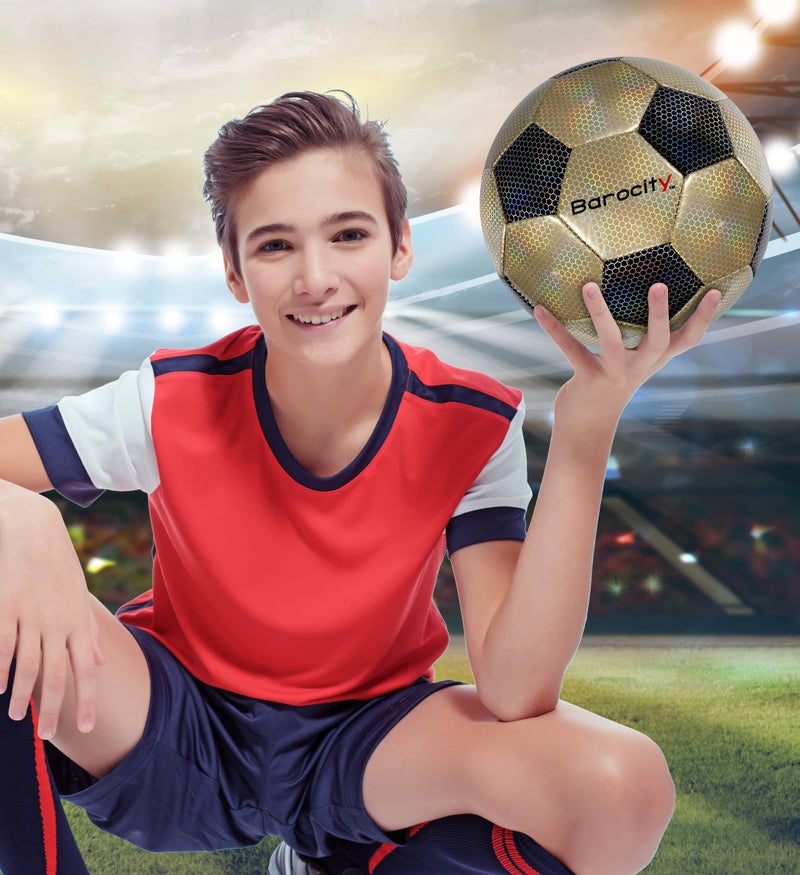 Barocity كرة القدم الكلاسيكية باروسيتي باللونين الأسود والذهبي مقاس 5 – كرة مباراة رسمية للأولاد والبنات بنمط سداسي قزحي عاكس، متينة، للألعاب الداخلية والخارجية - Image 5