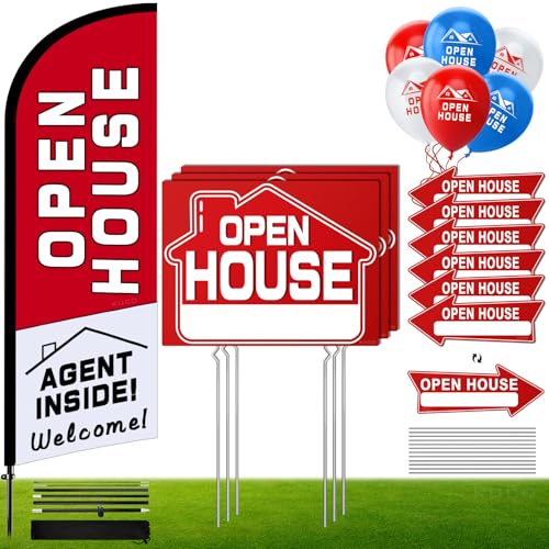 Kuco Open House Signs Kit 45 Pcs 1 Pack Open House Flag 9 Pack Open House Signs for Real Estate Double Sided Directional Arrows Sign with Stakes and 24 Balloons for Real Estate Agents Supplies - Image 1