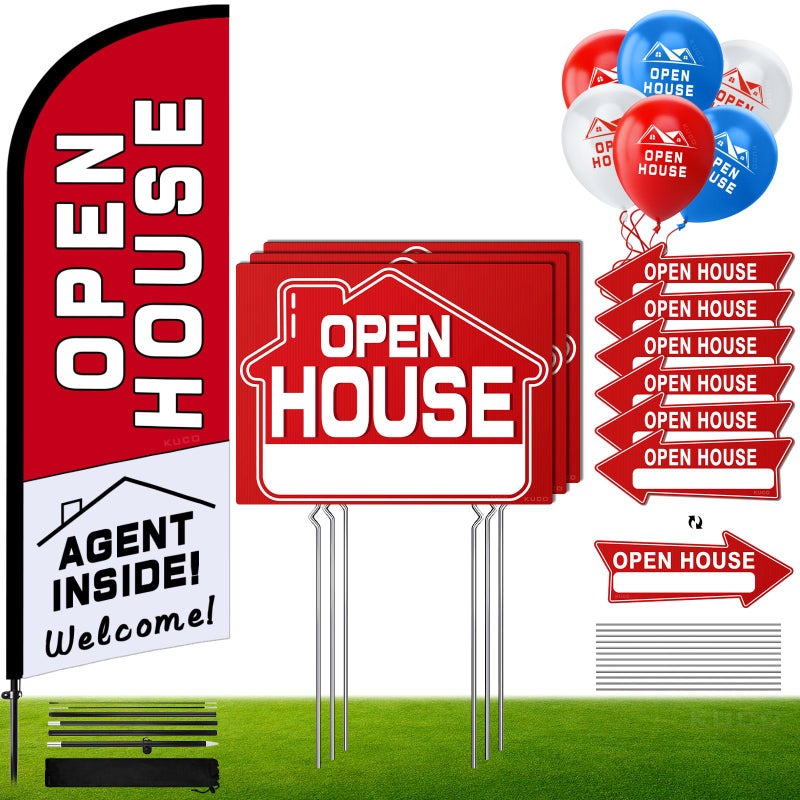Kuco Open House Signs Kit 45 Pcs 1 Pack Open House Flag 9 Pack Open House Signs for Real Estate Double Sided Directional Arrows Sign with Stakes and 24 Balloons for Real Estate Agents Supplies - Image 2