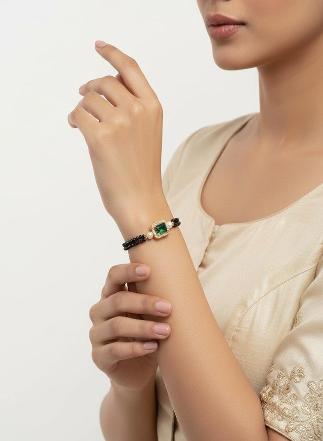 JHB Ruby Green Diamond Single Boll and Cubic Zirconia Mangalsutra Bracelet Black Bead Bracelet For Women's - Image 2