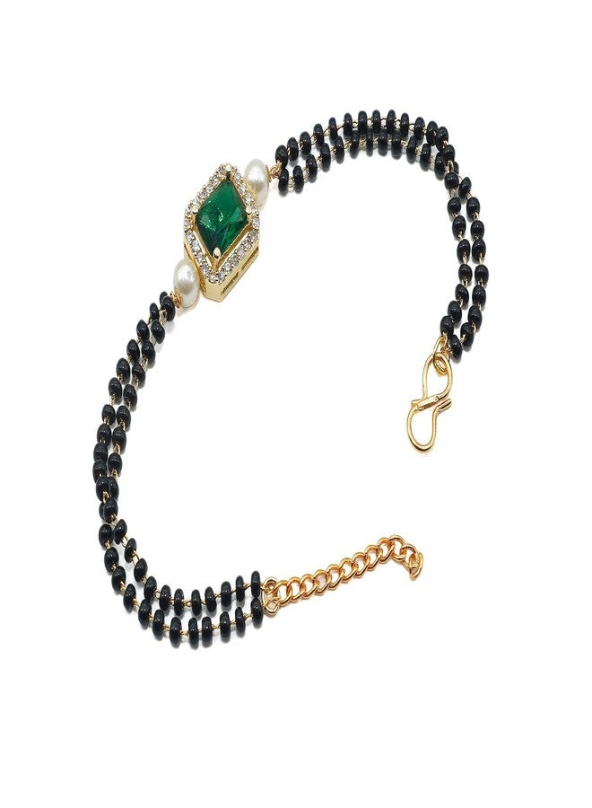 JHB Ruby Green Diamond Single Boll and Cubic Zirconia Mangalsutra Bracelet Black Bead Bracelet For Women's - Image 1