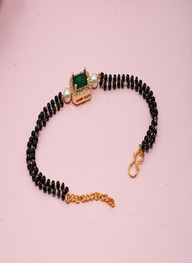 JHB Ruby Green Diamond Single Boll and Cubic Zirconia Mangalsutra Bracelet Black Bead Bracelet For Women's - Image 4