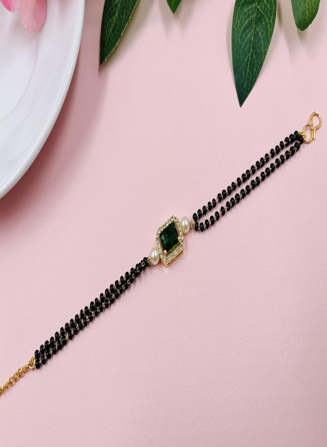 JHB Ruby Green Diamond Single Boll and Cubic Zirconia Mangalsutra Bracelet Black Bead Bracelet For Women's - Image 5