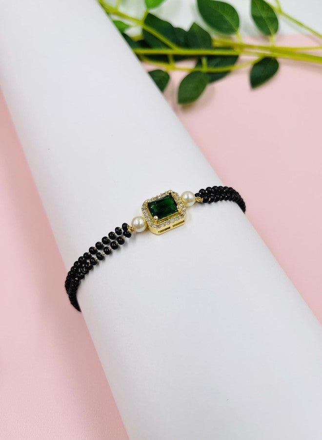 JHB Ruby Green Diamond Single Boll and Cubic Zirconia Mangalsutra Bracelet Black Bead Bracelet For Women's - Image 3