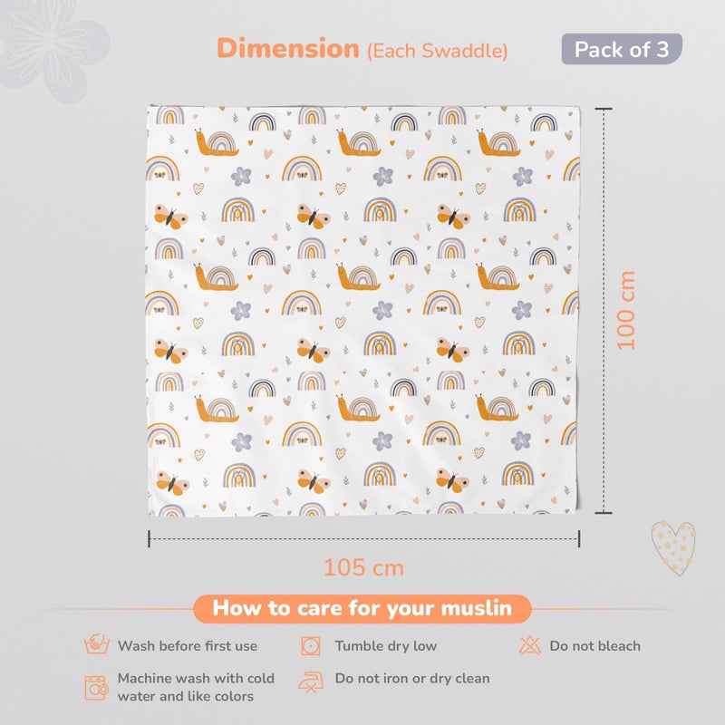 R for Rabbit ر لرابيت كادلز بطانية للأطفال حديثي الولادة من قطن موسلين 100% | خفيفة الوزن، قابلة للتنفس وصديقة للبشرة مجموعة متعددة الاستخدامات من 3 بطانيات (الحجم- 105x100 سم، تصميم سفاري متعدد)  - Image 5