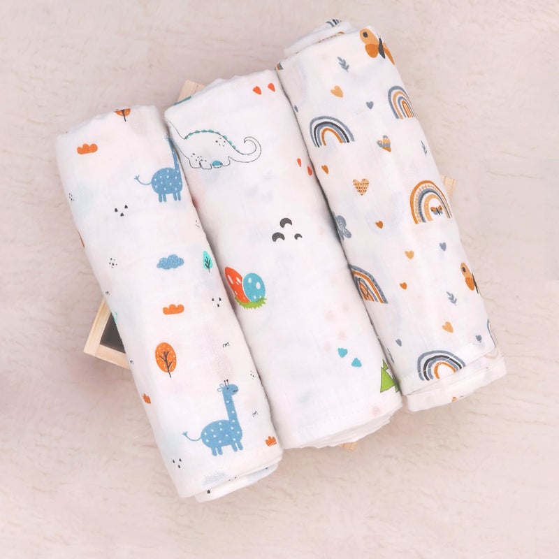 R for Rabbit ر لرابيت كادلز بطانية للأطفال حديثي الولادة من قطن موسلين 100% | خفيفة الوزن، قابلة للتنفس وصديقة للبشرة مجموعة متعددة الاستخدامات من 3 بطانيات (الحجم- 105x100 سم، تصميم سفاري متعدد)  - Image 1