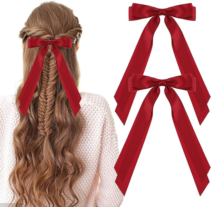 2 Pcs Satin Double Hair Bows Large Silky Ribbon Clip Long Tail Hair Barrettes Cute Bowknot Ponytail Holder Slides Gift for Women Girl Accessories Valentines Day Birthday Christma2 red