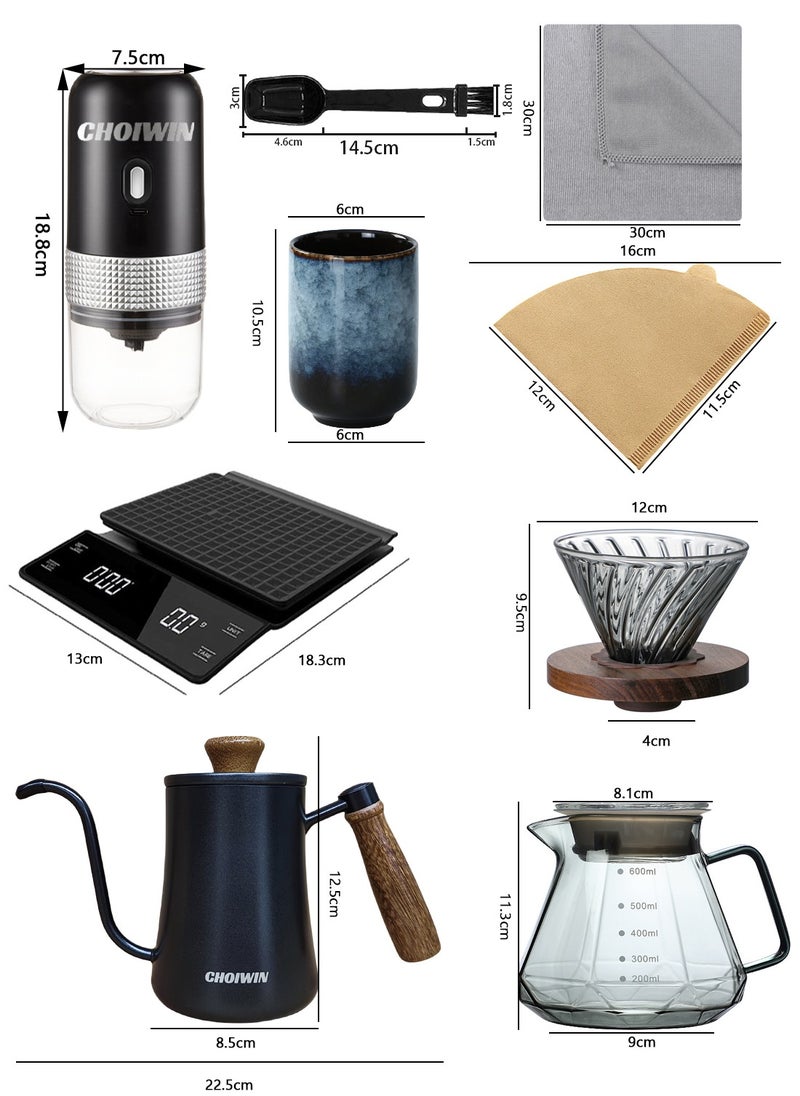 CHOIWIN V60 Coffee Maker Set, 9-Piece Electric Coffee Grinder Drip Coffee Maker Set With Portable Hand-held Gift Box，Hand Brewing Coffee Accessories Kit  - Image 2