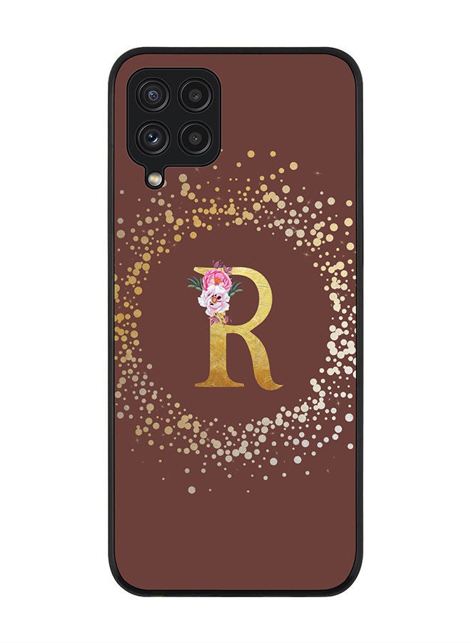 Stylizedd Rugged Black edge case for Samsung Galaxy A22 (LTE/4G)  Slim fit Soft Case Flexible Rubber Edges Anti Drop TPU Gel Thin Cover - Custom Monogram Initial Letter Floral Pattern Alphabet - R (Brown ) - Image 1