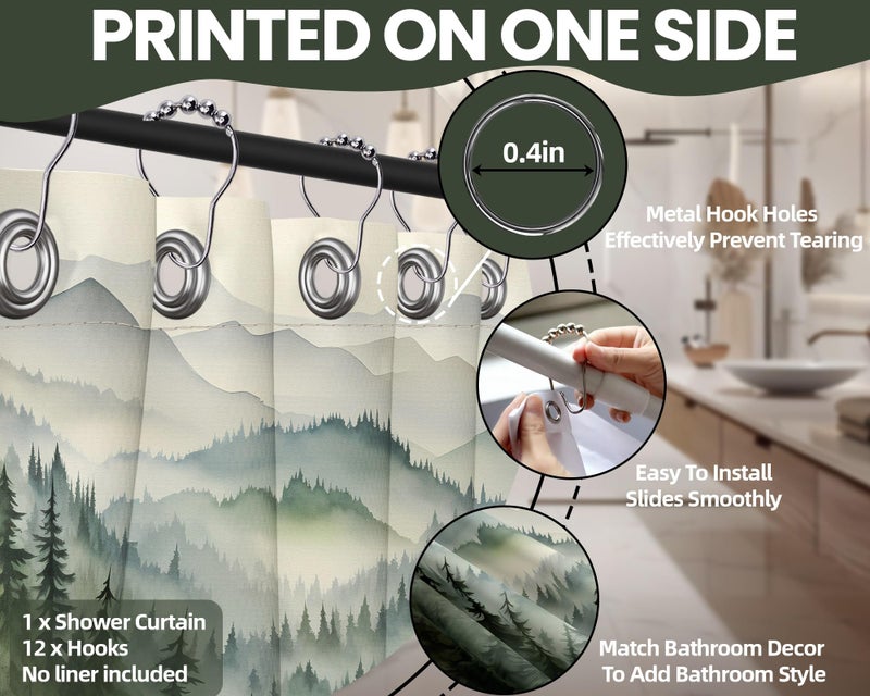 QGHOT Mountain Shower Curtain Green Forest Nature Shower Curtains for Bathroom Rustic Woodland Pine Tree Landscape Bath Decor Sets, Waterproof Polyester Fabric with Hooks, 70x72in - Image 4
