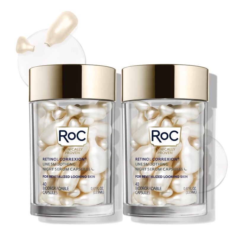 RoC RoC Retinol Correxion Anti-Aging Wrinkle Night Serum, Daily Line Smoothing Skin Care Treatment for Fine Lines, Post-Acne Scars, 80 Capsules (Limited Edition Value Set) 