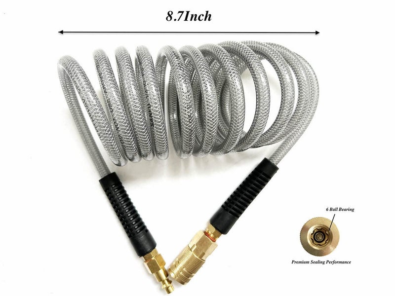 SANFU (PU) Polyurethane Reinforced Recoil 1/4”ID(6.3 x 9.8mm) x 10ft, Air Hose 300PSI with 1/4-Inch Swivel Solid Brass Quick Coupler and Plug, Gray(10') - Image 2