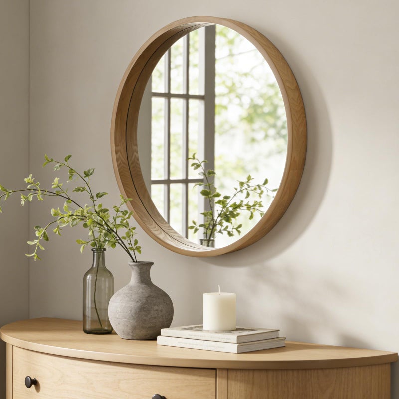 WallBeyond 28 Inch Natural Round Wood Mirror, Large Circle Wooden Frame Wall Mirror for Bathroom, Living Room, Bedroom, Entryway - Image 3