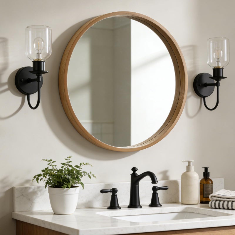 WallBeyond 28 Inch Natural Round Wood Mirror, Large Circle Wooden Frame Wall Mirror for Bathroom, Living Room, Bedroom, Entryway - Image 1