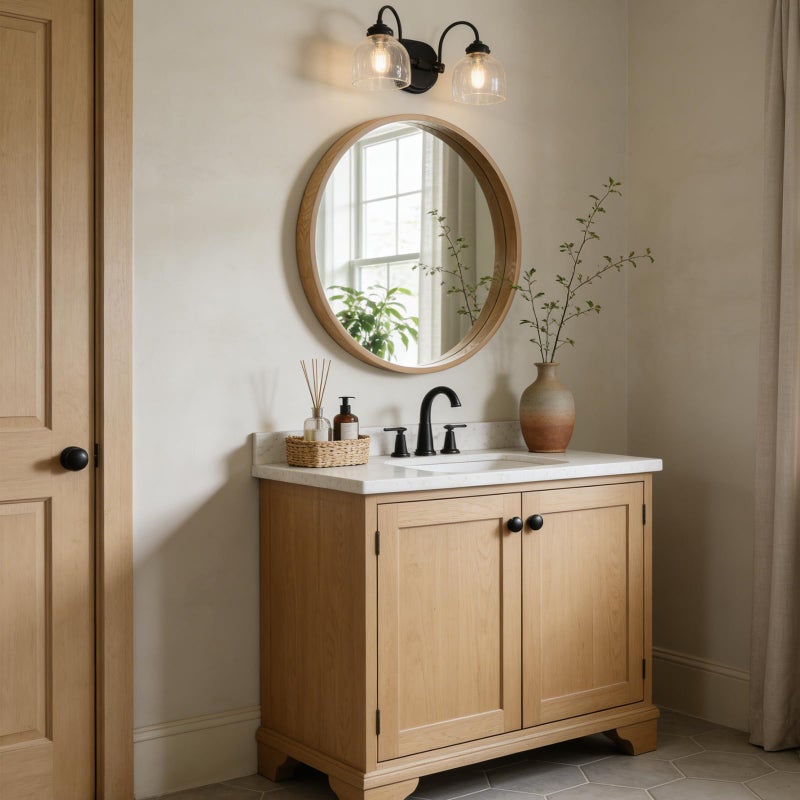 WallBeyond 28 Inch Natural Round Wood Mirror, Large Circle Wooden Frame Wall Mirror for Bathroom, Living Room, Bedroom, Entryway - Image 2