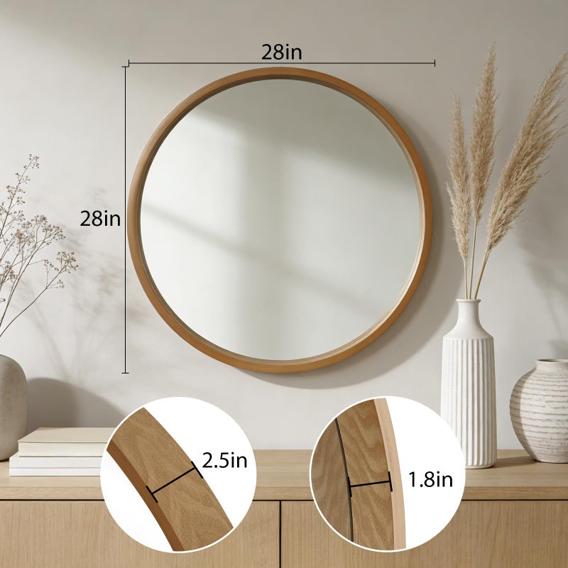 WallBeyond 28 Inch Natural Round Wood Mirror, Large Circle Wooden Frame Wall Mirror for Bathroom, Living Room, Bedroom, Entryway - Image 5