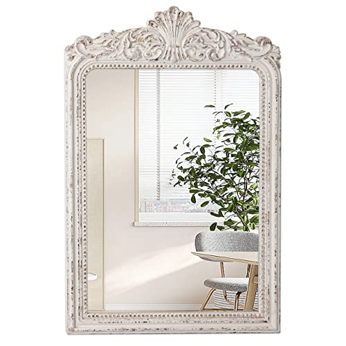 Sintosin Vintage Wood Framed Arendahl Mirrors for Wall Decor 24 x 36 Hanging Distressed White Rustic Arched Wall Mirror Ornate Baroque Bathroom Antique Mirror Traditional Wall Mirrors Decorative