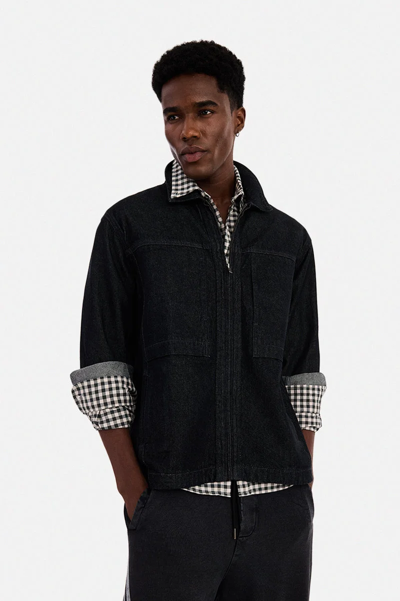سنيتش Charcoal Grey Solid Long Sleeve Regular Fit Streetwear Overshirt