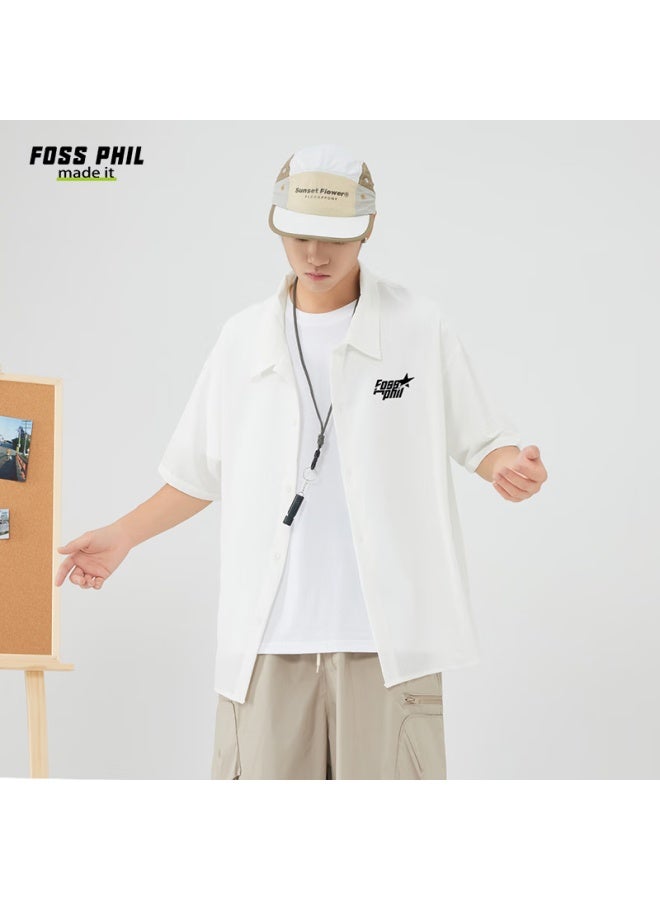 Foss Phil Men's Short Sleeve Shirt Summer Shirt Men's Trendy Printed Casual Jacket Loose Top Fpcs2 White M - Image 2