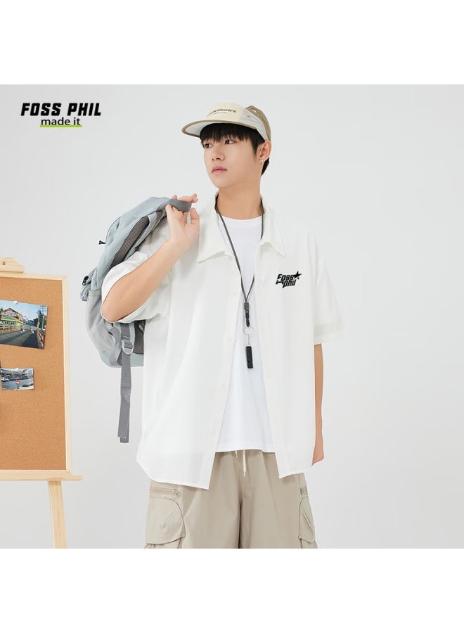 Foss Phil Men's Short Sleeve Shirt Summer Shirt Men's Trendy Printed Casual Jacket Loose Top Fpcs2 White M - Image 1