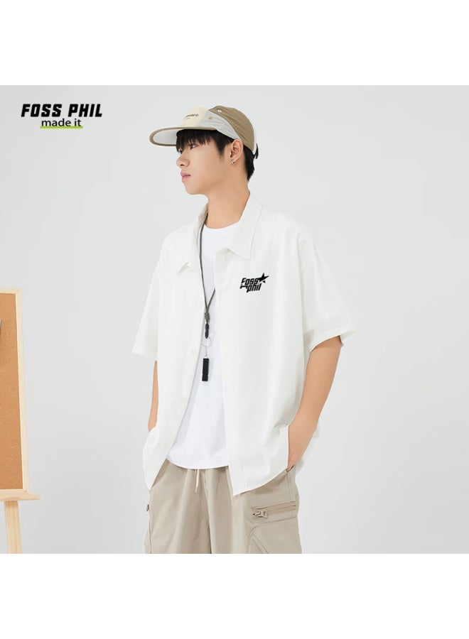 Foss Phil Men's Short Sleeve Shirt Summer Shirt Men's Trendy Printed Casual Jacket Loose Top Fpcs2 White M - Image 3